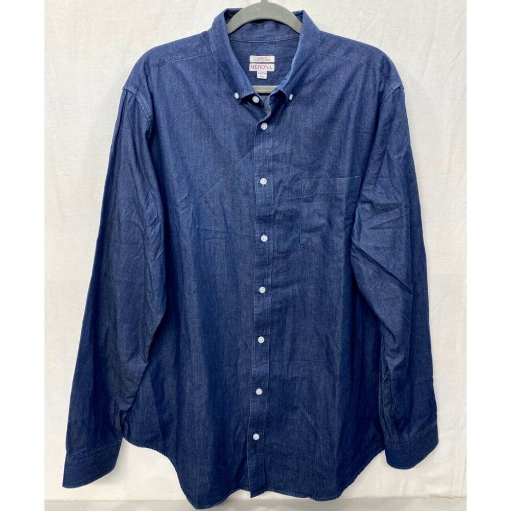 Chambray Men Denim Long Sleeve Classic Button Down Dark Wash XL Merona Blue